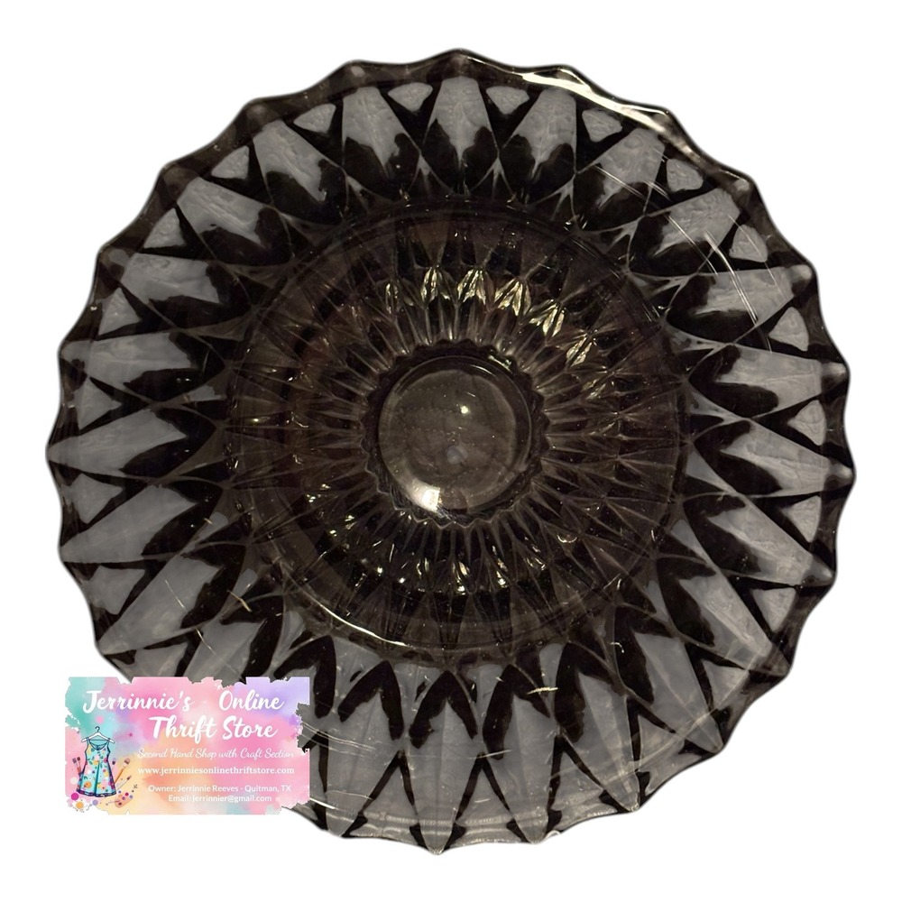 Vintage Smoked Gray Glass Bowl Diamond Point Scalloped Edge Pressed Glass 8 Inch